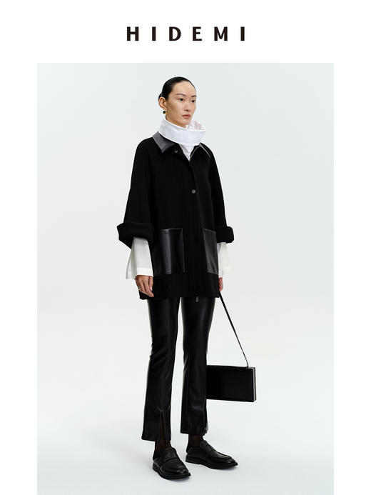 HIDEMI 美利奴羊毛廓形拼皮口袋中长款皮衣大衣 商品图2