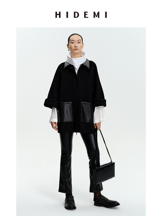 HIDEMI 美利奴羊毛廓形拼皮口袋中长款皮衣大衣 商品图0
