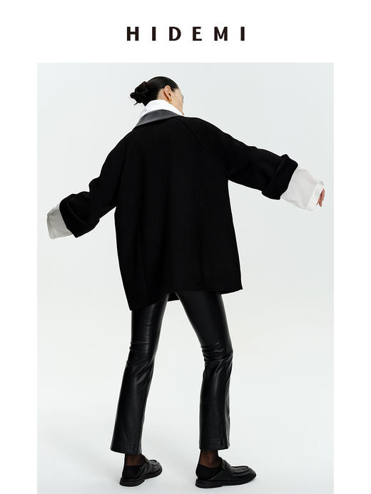 HIDEMI 美利奴羊毛廓形拼皮口袋中长款皮衣大衣 商品图11