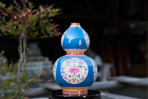 湖蓝扒花团花葫芦瓶 商品图0