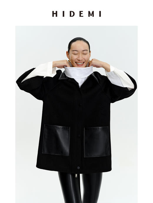 HIDEMI 美利奴羊毛廓形拼皮口袋中长款皮衣大衣 商品图8