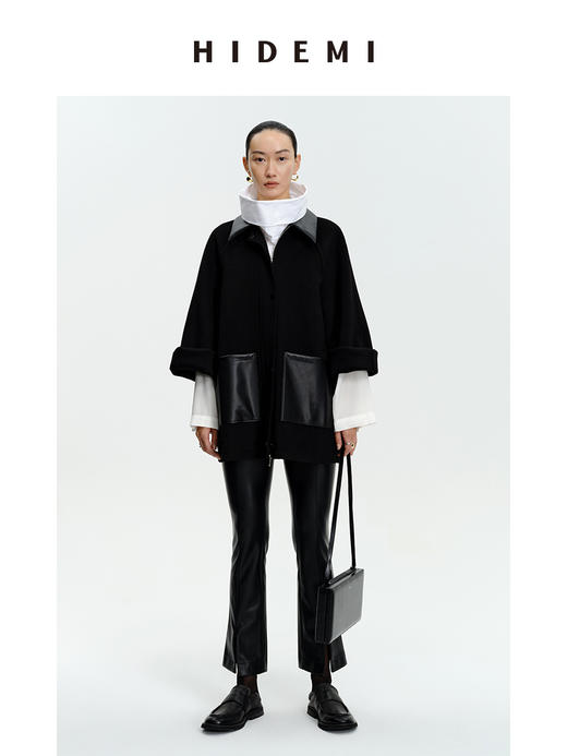 HIDEMI 美利奴羊毛廓形拼皮口袋中长款皮衣大衣 商品图1