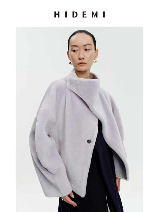 HIDEMI皮毛一体不对称立领设计感短款皮衣大衣 黑色/奶油紫 商品图4