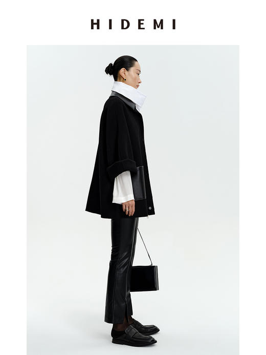 HIDEMI 美利奴羊毛廓形拼皮口袋中长款皮衣大衣 商品图3