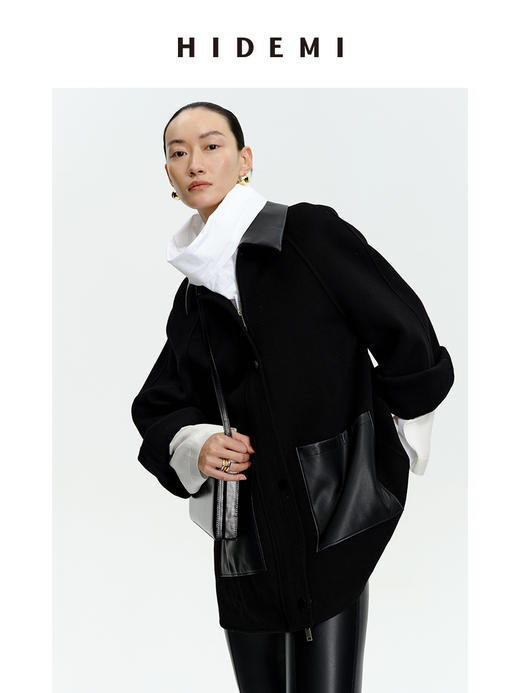 HIDEMI 美利奴羊毛廓形拼皮口袋中长款皮衣大衣 商品图6