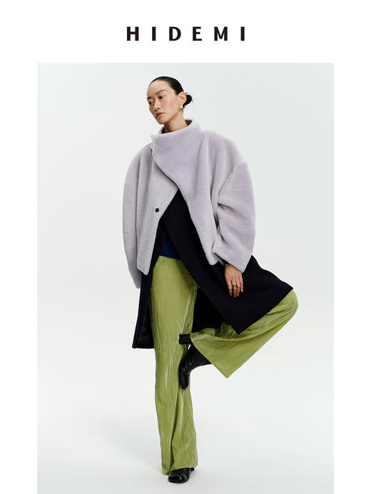 HIDEMI皮毛一体不对称立领设计感短款皮衣大衣 黑色/奶油紫 商品图0