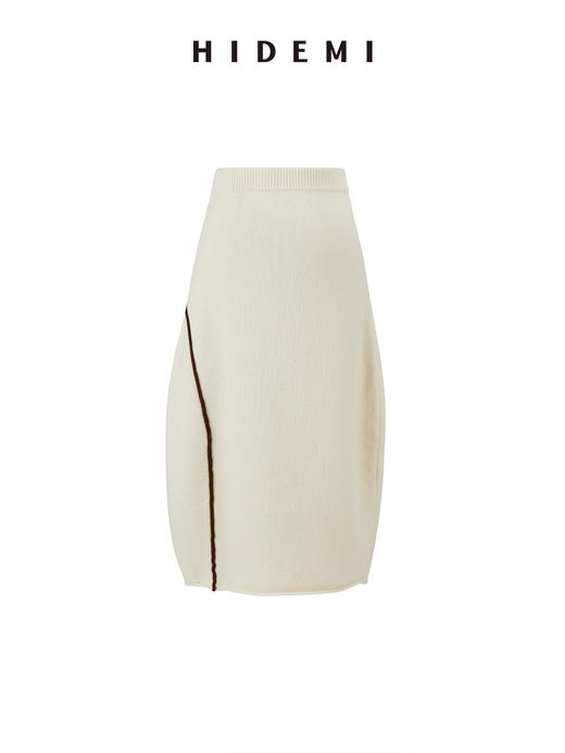 HIDEMI 美利奴羊毛加厚款极简线条感镶嵌拼色针织翻领毛衣半身裙茧型裙套装 商品图14