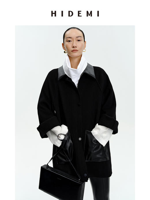 HIDEMI 美利奴羊毛廓形拼皮口袋中长款皮衣大衣 商品图7