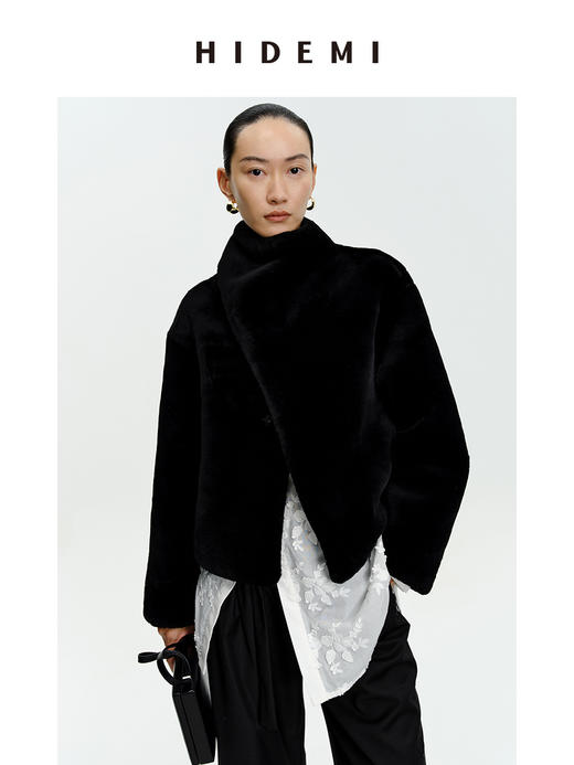 HIDEMI皮毛一体不对称立领设计感短款皮衣大衣 黑色/奶油紫 商品图8