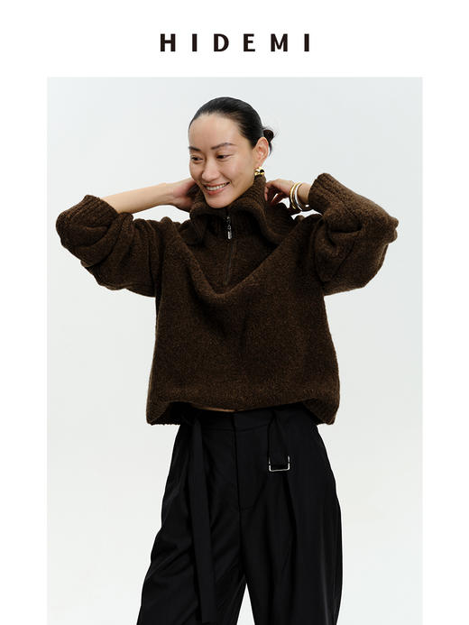 HIDEMI 美利奴羊毛缩绒圈圈粗针厚款拉链立领茧型袖毛衣 奶油黄/巧克力色/雾霾蓝 商品图12