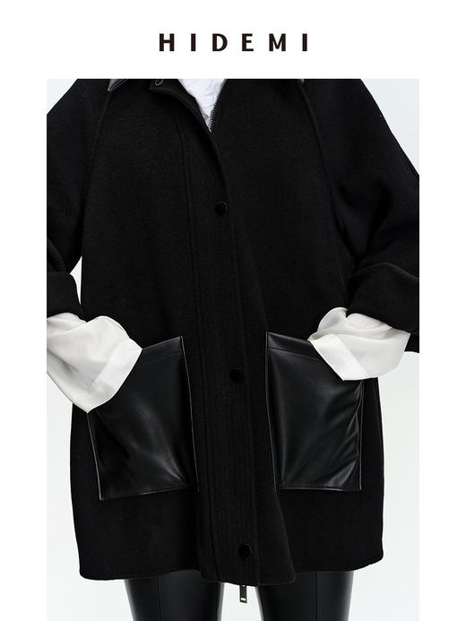 HIDEMI 美利奴羊毛廓形拼皮口袋中长款皮衣大衣 商品图9