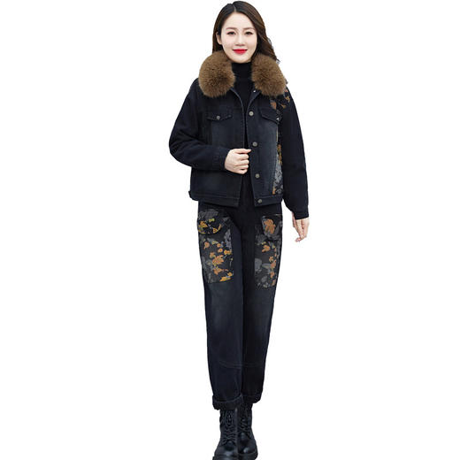 港风套装复古chic冬季韩版加绒加厚休闲显瘦牛仔两件套HR-WX78979 商品图4