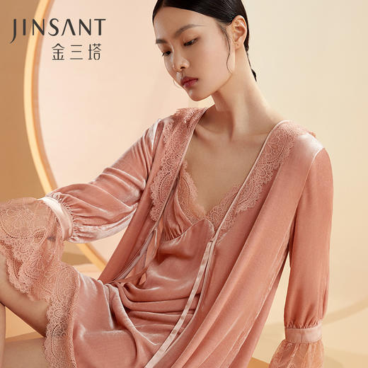 金三塔桑蚕丝丝绒晨袍秋冬女蕾丝贵族睡袍睡裙长款外穿晨袍 YSFBC108 商品图0