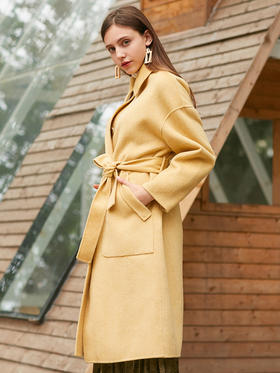 欧芮儿气质翻领黄色毛呢外套女2019冬装过膝中长款呢大衣