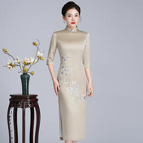 LHS-20276香槟色刺绣醋酸旗袍年轻款婚宴装礼服喜婆婆女