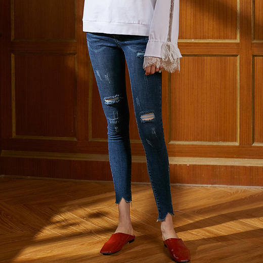 欧芮儿烂牛仔裤女破洞2019秋装女九分裤小脚裤直筒裤乞丐高腰女裤 商品图0