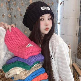 冬季帽子女针织帽百搭新款保暖防寒冷帽贴布字母时尚韩版毛线帽子