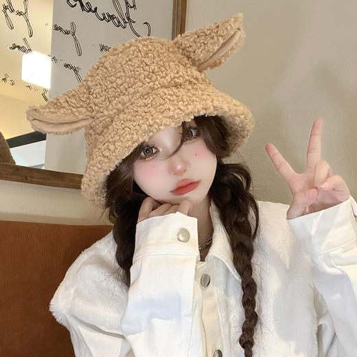 萌趣小羊耳朵渔夫帽秋冬季帽子女可爱百搭保暖羊咩咩羊羔毛盆帽 商品图2