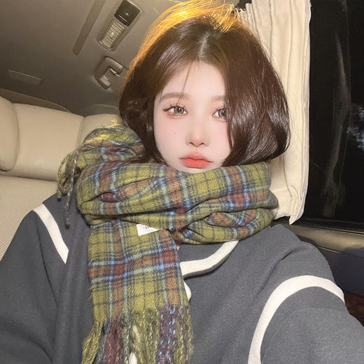 秋冬季新款复古绿色格子围巾女士韩版百搭时尚保暖披肩美式围脖 商品图1