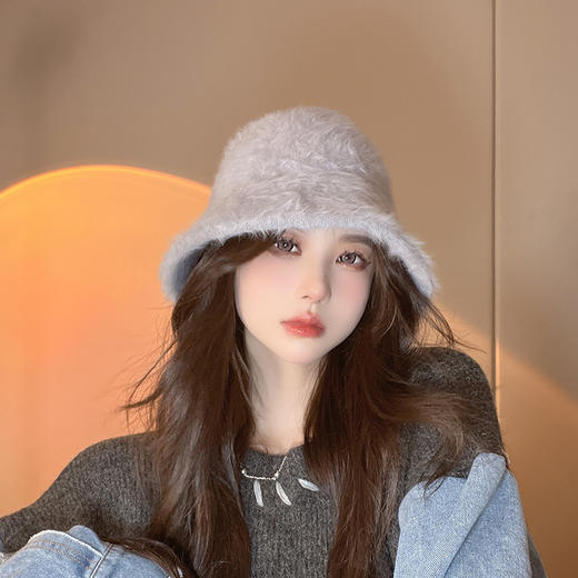 帽子女兔毛渔夫帽日系百搭冬季保暖遮脸盆帽防寒毛绒水桶帽显脸小 商品图1