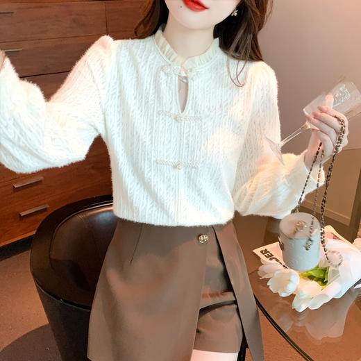 盘扣蕾丝打底衫女，冬加绒内搭别致上衣长袖磨毛洋气小衫AYL-2993 商品图1