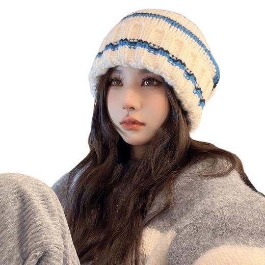 韩版秋冬季时尚防寒保暖显脸小毛线帽子女百搭新款拼色条纹针织帽 商品图4