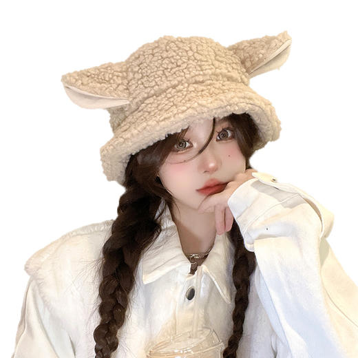 萌趣小羊耳朵渔夫帽秋冬季帽子女可爱百搭保暖羊咩咩羊羔毛盆帽 商品图4