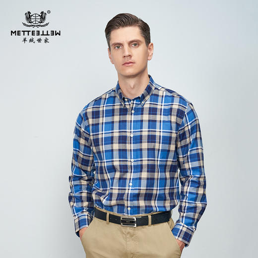 METTE羊绒世家男士衬衣秋冬新品衬衫时尚方领蓝色格子长袖上衣 商品图0