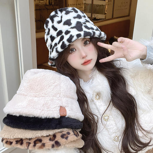 时尚兔毛渔夫帽女韩版ins秋冬季新款个性保暖防寒豹纹时髦盆帽 商品图0