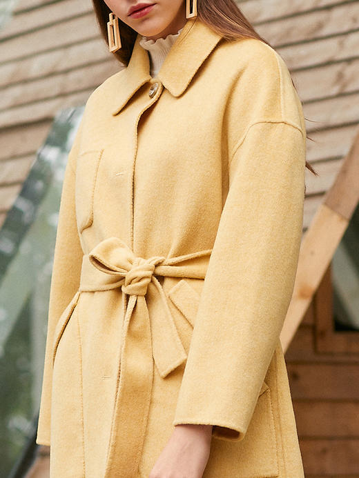 欧芮儿气质翻领黄色毛呢外套女2019冬装过膝中长款呢大衣 商品图2