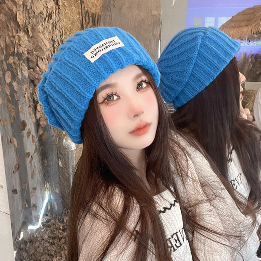 冬季帽子女针织帽百搭新款保暖防寒冷帽贴布字母时尚韩版毛线帽子 商品图3