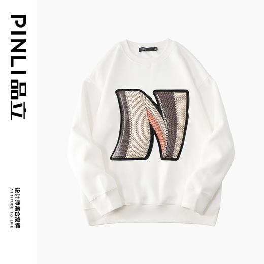 PINLI品立2022秋冬新款男士贴布字母圆领套头休闲卫衣BG223309032 商品图2