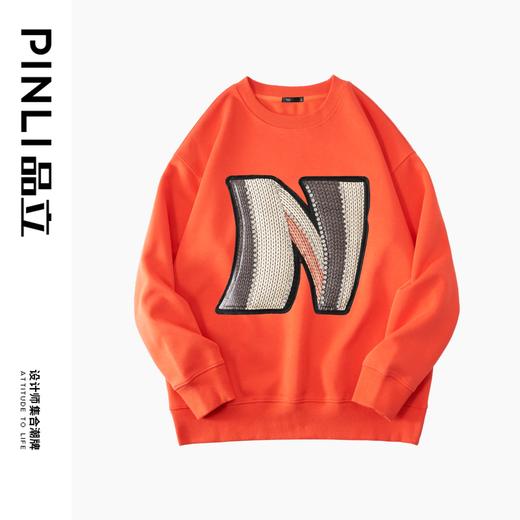 PINLI品立2022秋冬新款男士贴布字母圆领套头休闲卫衣BG223309032 商品图3