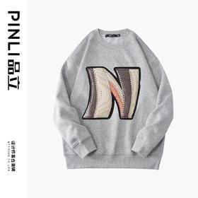 PINLI品立2022秋冬新款男士贴布字母圆领套头休闲卫衣BG223309032