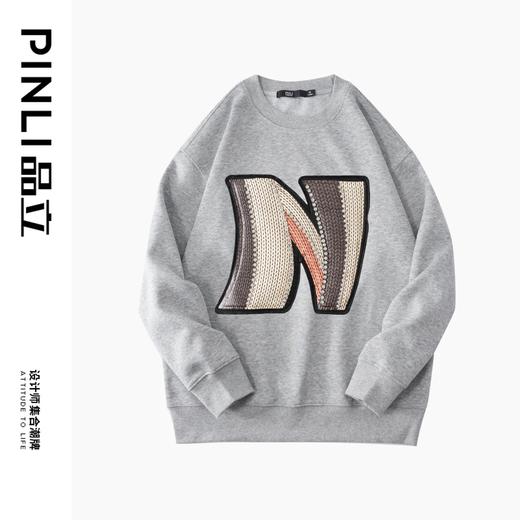 PINLI品立2022秋冬新款男士贴布字母圆领套头休闲卫衣BG223309032 商品图0