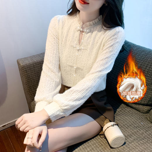 盘扣蕾丝打底衫女，冬加绒内搭别致上衣长袖磨毛洋气小衫AYL-2993 商品图0