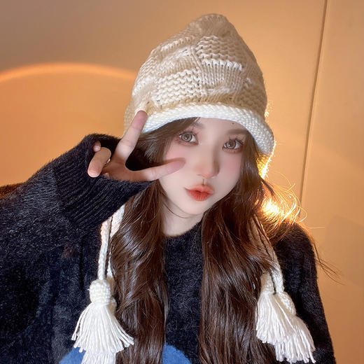 护耳帽子红色保暖国潮针织毛线流苏帽休闲可爱学生针织毛线帽子女 商品图0