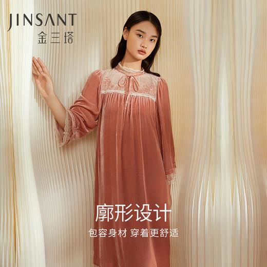 金三塔桑蚕丝丝绒 珍珠光泽 垂坠丝滑女士复古自在舒适睡裙家居服 YSFCD301 商品图2