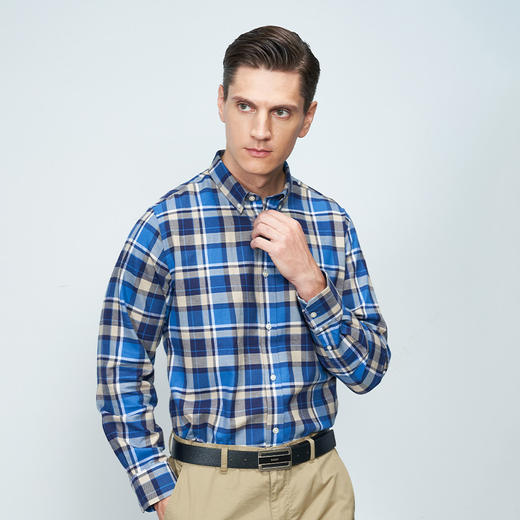 METTE羊绒世家男士衬衣秋冬新品衬衫时尚方领蓝色格子长袖上衣 商品图1