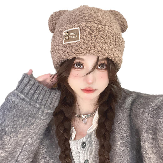 秋冬季新款护耳显脸小毛绒帽子女保暖可爱熊耳套头帽萌趣小熊盆帽 商品图4