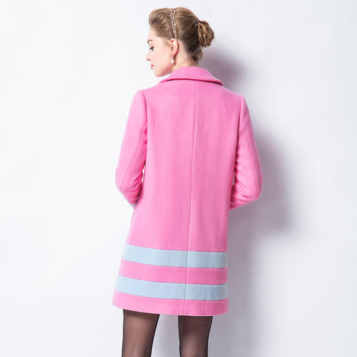欧芮儿2016女装秋季新款长袖翻领撞色羊毛修身中长款暗扣毛呢外套 商品图0