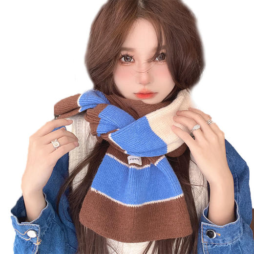 秋冬新款柔软韩国ins拼色条纹围巾韩版复古长款冬季保暖针织围脖 商品图4