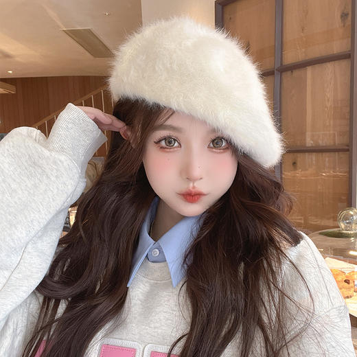 帽子女冬季韩版贝雷帽百搭保暖小众安格拉兔毛画家帽个性蓓蕾帽 商品图2