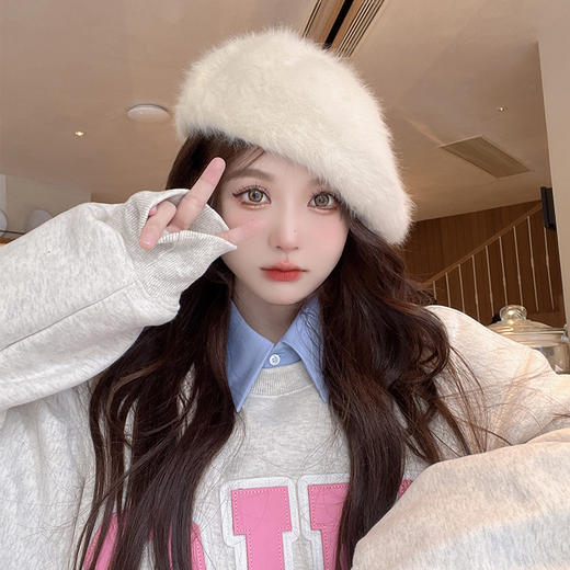 帽子女冬季韩版贝雷帽百搭保暖小众安格拉兔毛画家帽个性蓓蕾帽 商品图0