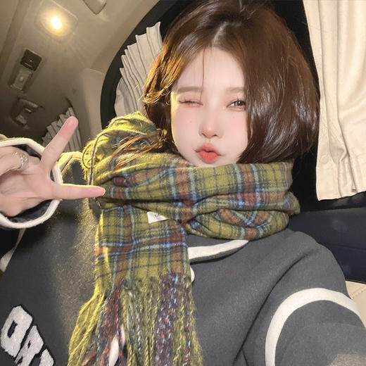 秋冬季新款复古绿色格子围巾女士韩版百搭时尚保暖披肩美式围脖 商品图0