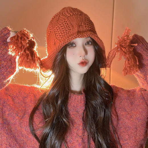护耳帽子红色保暖国潮针织毛线流苏帽休闲可爱学生针织毛线帽子女 商品图1