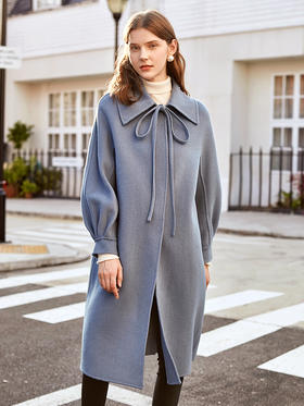 欧芮儿长袖毛呢外套女中长款宽松显瘦2021冬装新款蓝色呢子大衣