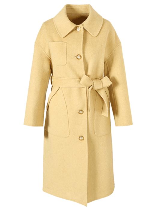 欧芮儿气质翻领黄色毛呢外套女2019冬装过膝中长款呢大衣 商品图3