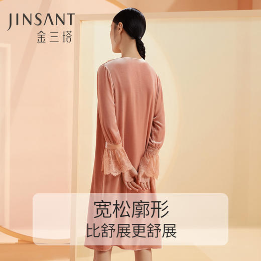 金三塔桑蚕丝丝绒晨袍秋冬女蕾丝贵族睡袍睡裙长款外穿晨袍 YSFBC108 商品图3