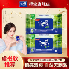 【2包装】得宝（Tempo） 湿厕纸 植物呵护敏感肌专用40片/包x2包 经期可用抽取式湿厕纸（新旧包装随机发货）